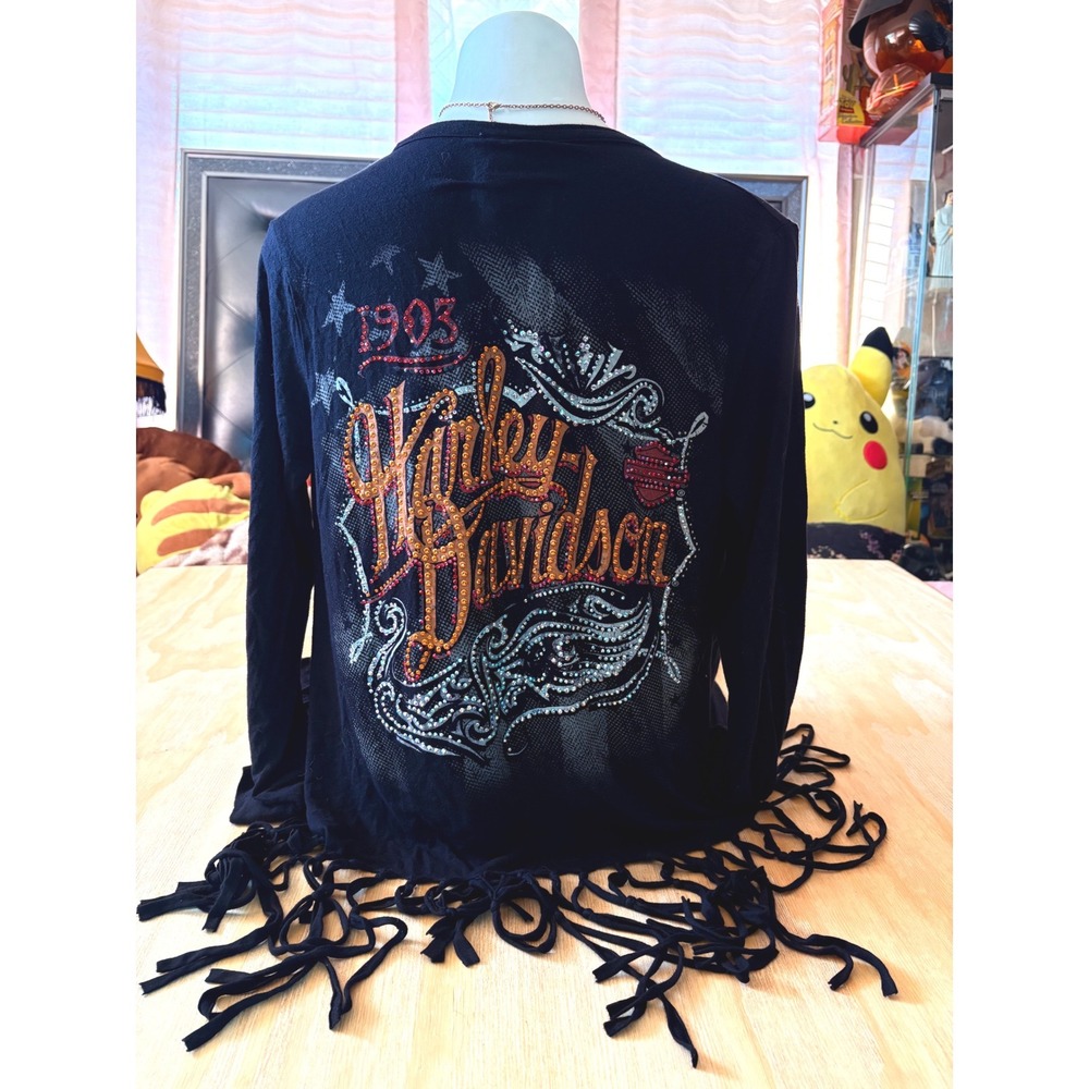 Y2K Harley Davidson Womens Black Fringe Rhinestone Wrap Top Long Sleeve L/XL